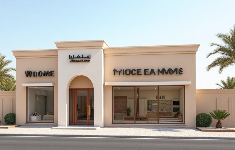 Exterior view of the Al Khaleej Kitchen & Home showroom building in the Al Quoz district of Dubai, with a welcoming facade.