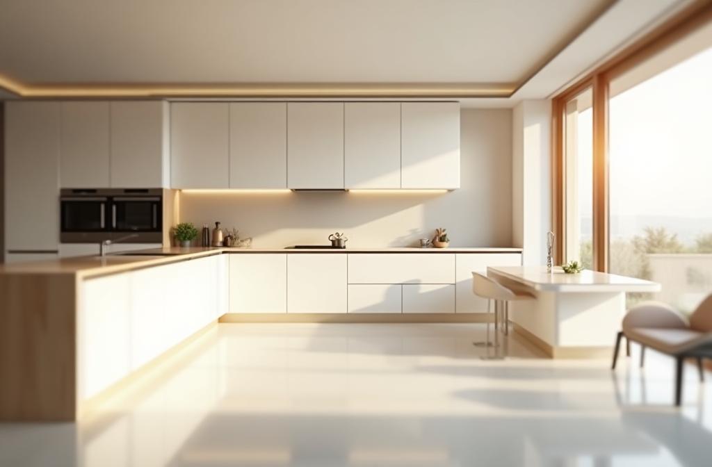 Modern luxury kitchen interior with sleek custom cabinets and a large island, sunlight streaming through a window.