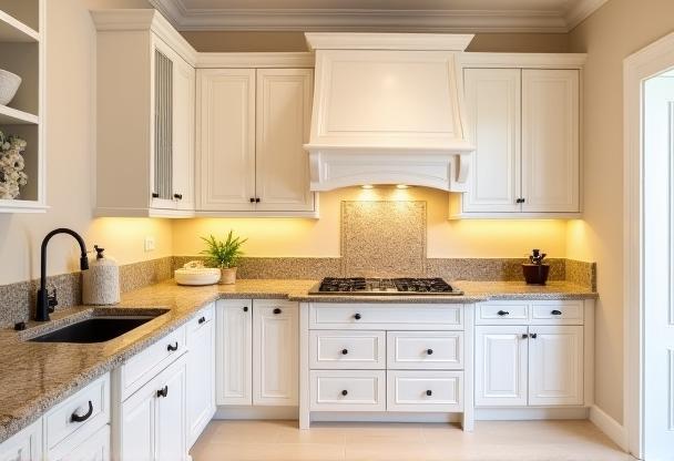 Classic style kitchen in a Dubai villa featuring elegant white custom cabinetry, granite countertops, and decorative moldings.