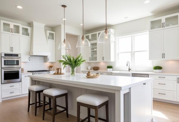 Completed contemporary kitchen renovation with a large central island, clean white cabinetry, and modern pendant lights.