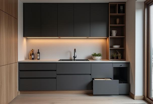 Compact yet highly functional modern kitchen in an apartment with dark grey cabinetry, wood accents, and smart storage solutions like pull-out drawers.