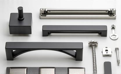 A curated selection of modern kitchen hardware and accessories, including high-quality drawer slides and cabinet pulls.