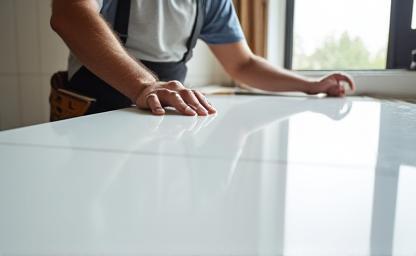 Skilled craftsman installing a large slab of pristine white quartz countertop in a modern kitchen.