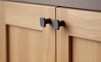 Close-up detail of high-quality bespoke kitchen cabinetry with warm oak finish and modern handles.